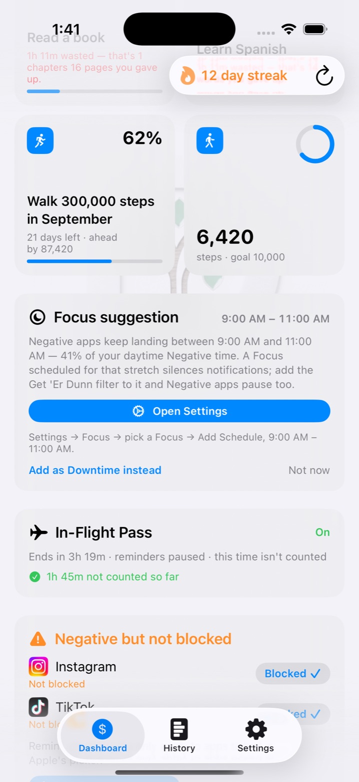 Goal tiles two across — Walk 300,000 steps in September at 62%, 21 days left, ahead by 87,420, and today's steps 6,420 against a 10,000 goal — then a Focus suggestion for 9:00 to 11:00 AM, an In-Flight Pass that's on, and a Negative but not blocked card for Instagram and TikTok with a Blocked ✓ button each.